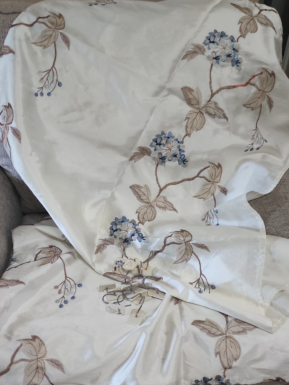 Embroidered Floral Shower Curtain Panel in Blue and Taupe
